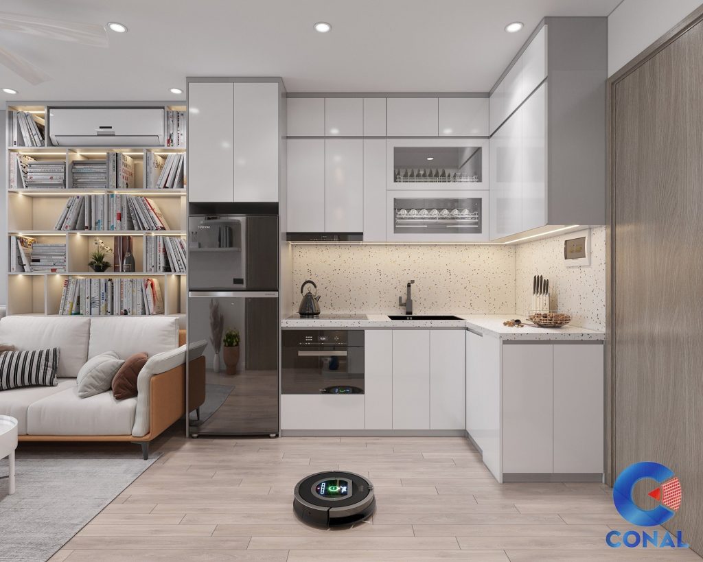 Tủ bếp chữ L tách bồn rửa và bếp nấu